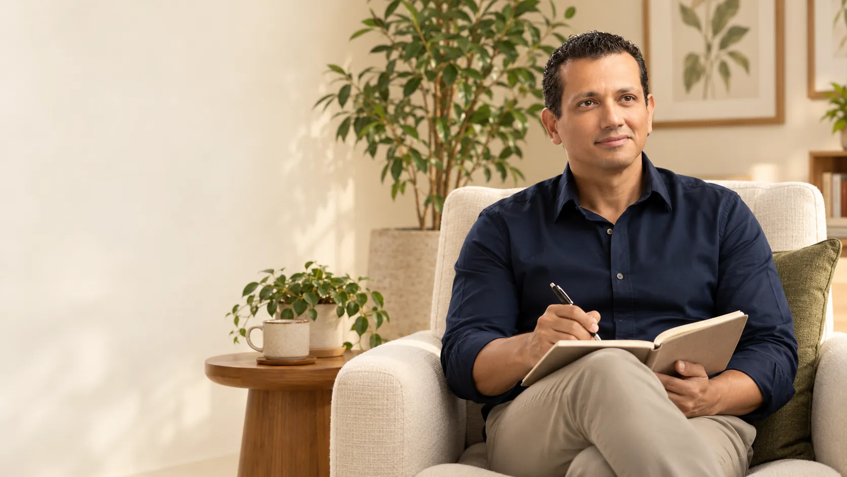 Rogério Rodrigues sentado em uma poltrona clara do consultório, com um caderno no colo, olhando para o lado com expressão serena. Ao fundo, plantas e luz natural.